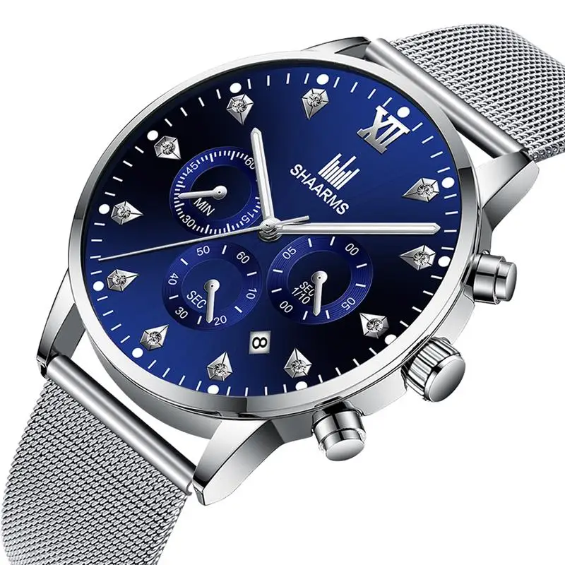 SHAARMS, модные мужские наручные часы, синие, DialCasual, кварцевые часы из нержавеющей стали, сетчатый ремешок, часы с датой, Reloj Hombre