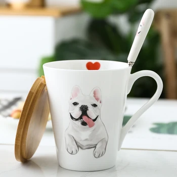 

Mug Cover & Spoon Decorative Drinkware French Bulldog Porcelain with Wood for Coffee Creative Fine Bone China Style Shape Type