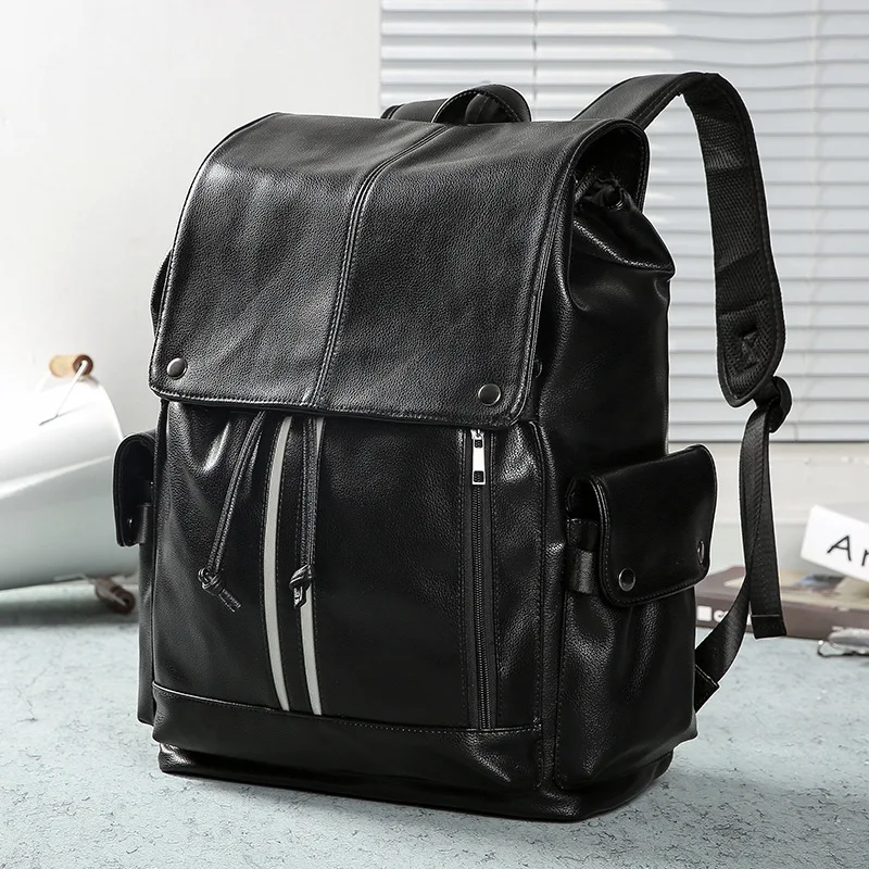 College students tide brand outdoor pu leather men's travel waterproof leather backpack