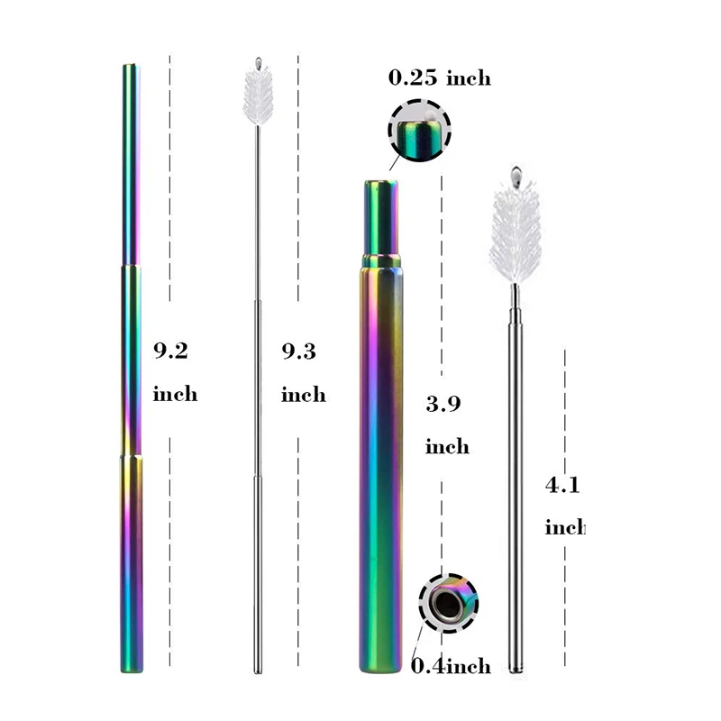 Телескопическая из нержавеющей стали питьевой соломы портативный соломы для путешествий многоразовая Раскладной Металлический питьевой соломы с щеткой - Цвет: Rainbow straw 14