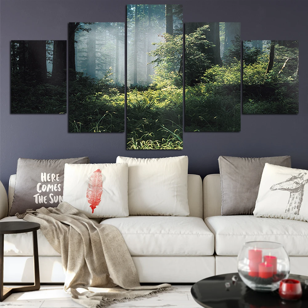 Canvas HD Prints Pictures Framework 5 Pieces Green Forest Landscape Paintings Home Wall Art Decor Posters | Дом и сад