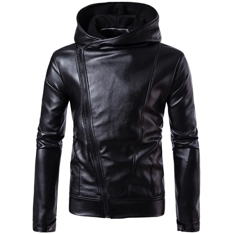 COLDKER PU Faux Leather Jacket Men Biker Jacket Leather Jacket Male Motorcycle Jacket LEATHER HOOD black M-4XL