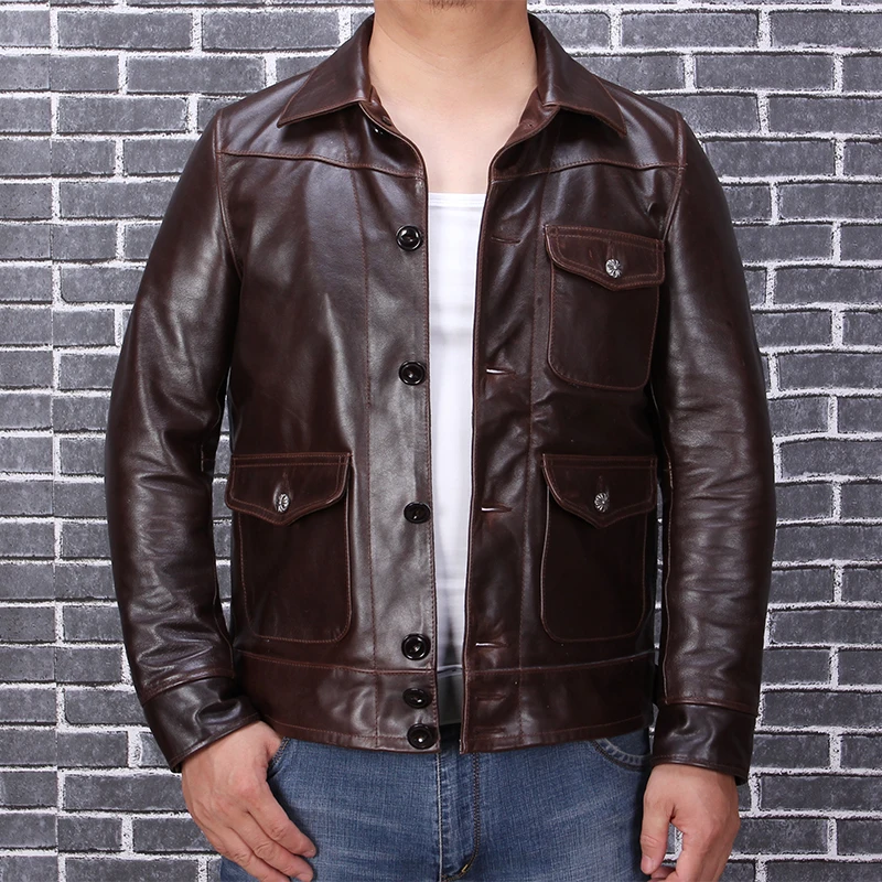 Vintage Brown 1 Темно-коричневая американская Повседневная стильная кожаная куртка размера плюс XXXL, однобортное приталенное короткое кожаное пальто из натуральной воловьей кожи - Цвет: Vintage Brown 1