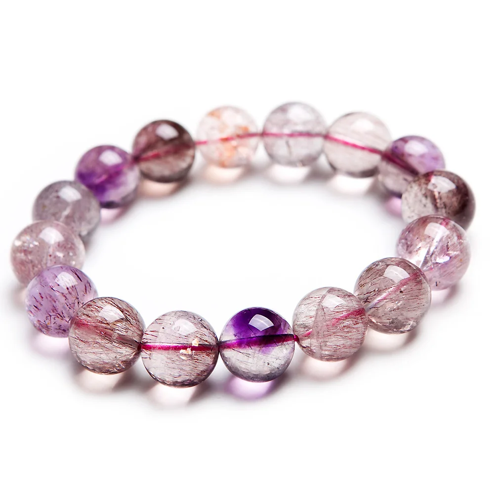 

100% Natural Super Seven 7 Purple Rutilated Quartz Crystal Clear Round Beads Bracelet 13mm Women Men Jewelry AAAAA