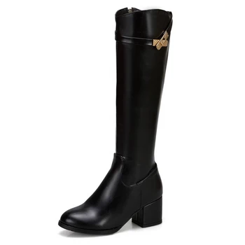 

Metal Buckle Belt Thick Heel Red Knee-Length Boots White High Heel PU Side Zipper Metal Decorative Short Plush Boots