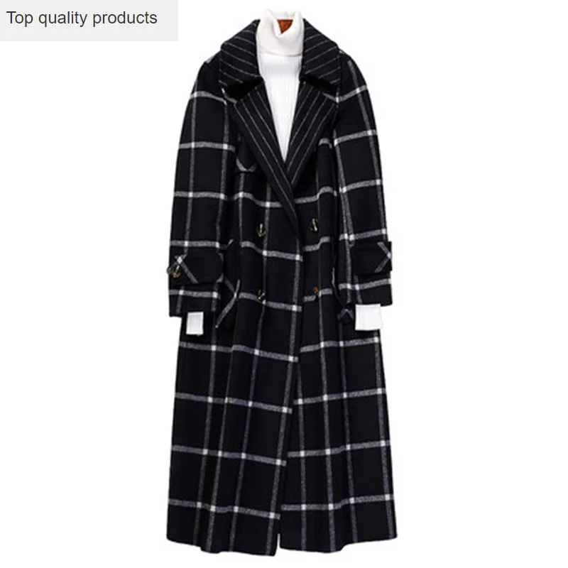 Wollen Jas Vrouwen 2020 Herfst Winter Dubbele Kasjmier Plaid Maxi Lange Overjas Vrouwelijke Double Breasted Trenchcoat Bovenkleding L459