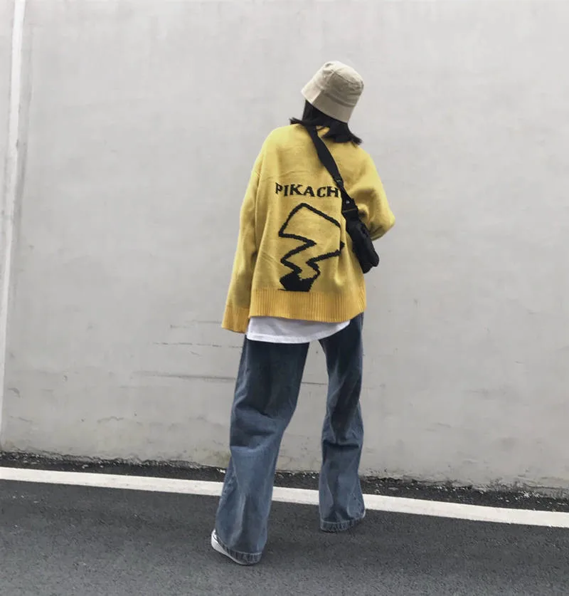 Простые Универсальные женские свитера с длинным рукавом Harajuku BF Стиль Пикачу Покемон Высокая улица осень женский Дамский круглый вырез