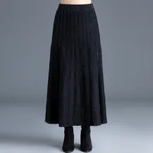Осенне-зимние женские однотонные свободные длинные трикотажные плиссированные юбки с высокой талией, женская элегантная повседневная юбка макси с большим подолом 1387