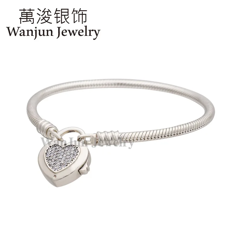 

Wanjun Jewelry 100%925 Sterling Exquisite DIY Bangles Heart Diamond Set Lettered Padlock Snake Bones Chain Gift Send Friends