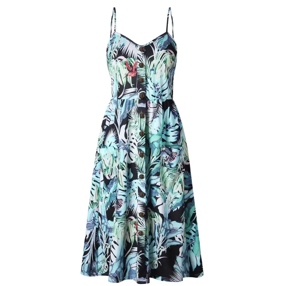 2018 New LOSSKY Women Print Floral Stripe Bohemian Dress V-Neck Sleevele Sexy Button Beach Casual Boho Midi Dress Plus Size 3XL