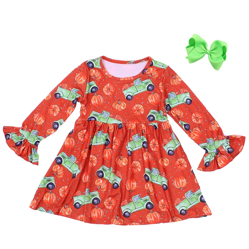 

New Thanksgiving Baby Girls Kids Boutique Clothes Children Blue Truck Pumpking Print Dress Full Sleeve Milksilk Dress With Bow
