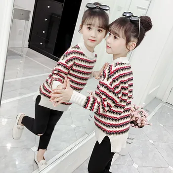 

Girl autumn Sweater kids Heavy Korean polyester pullover children winter pullover fluff trendy cute striped split clothes 267