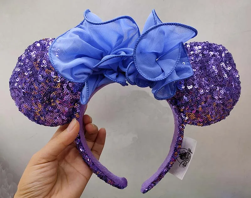 Disney Parks Minnie Blue Iris Sequin Purple Hydrangea Bow Headband Ears NEW