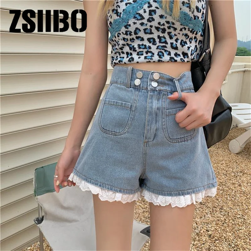 linen shorts Shorts women's summer 2021 new high waist slim design niche lace stitching split jeans hot pants women's shorts jeans y2k Jeans levis shorts