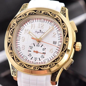 

Luxury Brand New Men Automatic Mechanical Yellow Gold Carved Ancient Dual Time Black Rubber Sapphire Limited Sport Watch AAA+