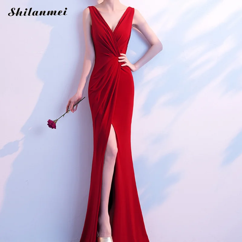 

Women Deep V Evening Party Dress Sleeveless Front Slit Ruched Elegant Special Occasion Wear Solid Ladies Maxi Mermaid Dresses