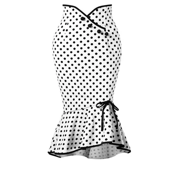 

2020 Vintage Elegant Women Button Belt Wave Point Casual Polka Dot Mini Women Skirt Shape Body Fish Tail High Fanny Pack Style