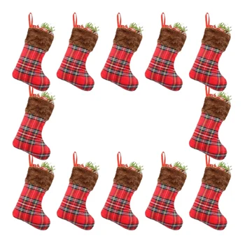 

Christmas Stockings 12 Pack, Small Rustic Plaid Faux Fur Xmas Tree Decorations Bulk, Gift Card Holders Cash Bags Holiday Treats