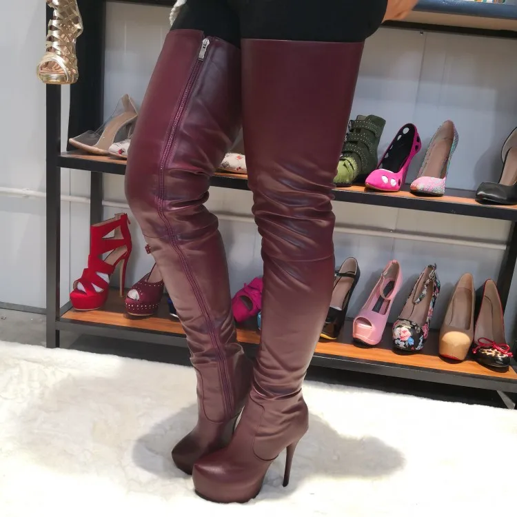 D1874 Wine Red Olomm/Новые модные женские ботфорты на платформе пикантные сапоги на высоком каблуке-шпильке Великолепная обувь для вечеринок с круглым носком винно-красного цвета женская обувь, большие размеры США 5-15 - Цвет: D1874 Wine Red