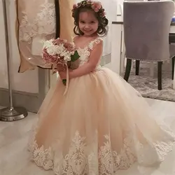 Бальное платье цвета шампанского с кружевной отделкой; платье с цветочным узором для девочек на свадьбу