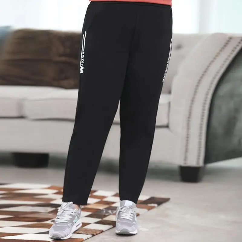 

2019 Autumn New Letter Printing Women's Large Size High Waist Casual Pants Plus Size Straight Black Female Trousers