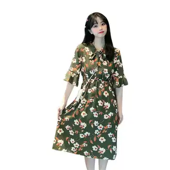 

Summer Woman Dress Round Neck Mid Waist Mid Sleeve Ruffled Flower Print Casual Woman Dress