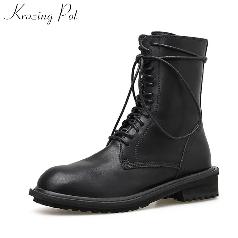 

krazing pot genuine leather leisure simple style round toe lace up med heels black colors winter keep warm mid-calf boots L93