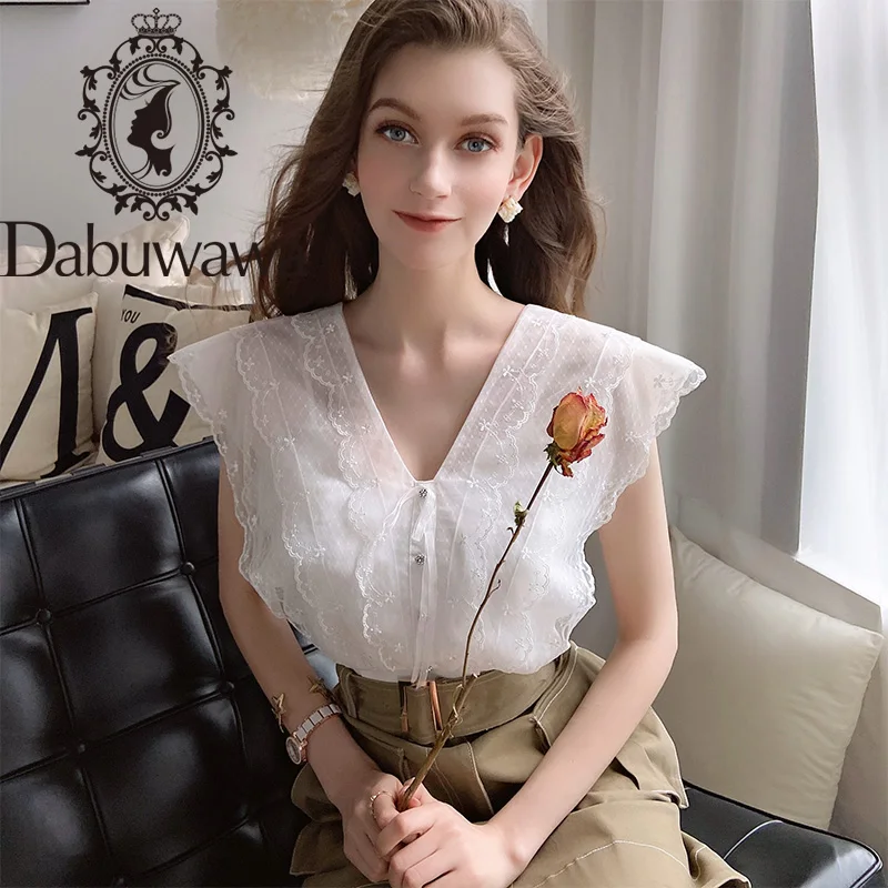 

Dabuwawa Sleeveless V-Neck Sweet Blouses Top Female Summer Elegant Appliques Blouse Solid Shirt For Women Bow Button DT1BST020