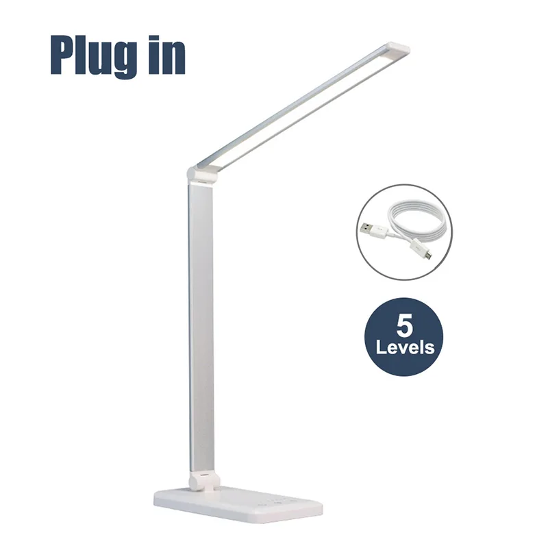 5Lv Plug In Светодиодный светильник для защиты глаз, складной сенсорный переключатель, 3/5 уровень затемнения, USB настольная лампа для чтения, Беспроводная зарядка для мобильного заряда - Цвет корпуса: 5Lv Plug In