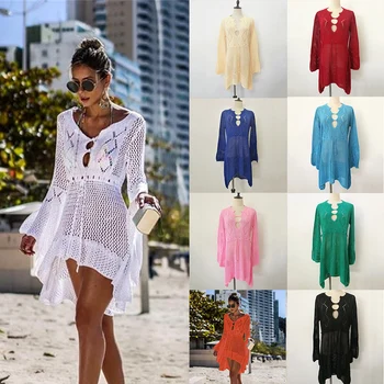 

2020 Sexy Crochet Knitted Beach Cover Up Beachwear Tunic Long Summer Swimsuit See-through Beach Dress Bikini