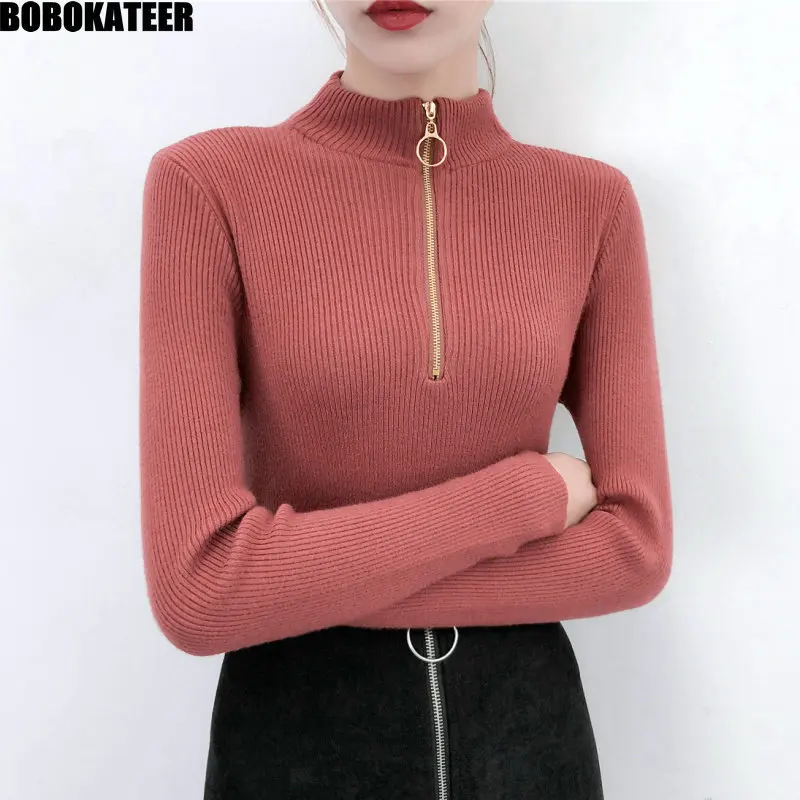 

BOBOKATEER Fashion Korean Casual Knitted White Half Turtleneck Pullover Women Sweater Female Pull Tops Winter Clothes Fall 2019