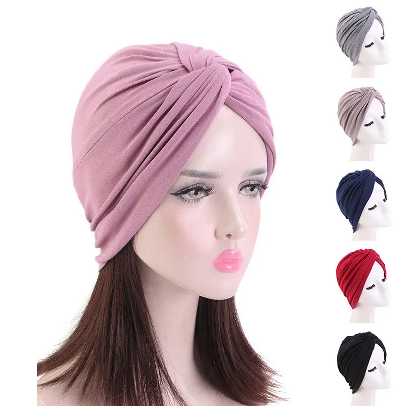 

2021 Hot Bandanas Women Stretchy Turban Muslim Hat Headband Female Hijab Knotted Indian Cap Adult Head Wrap Women Sleep Hat