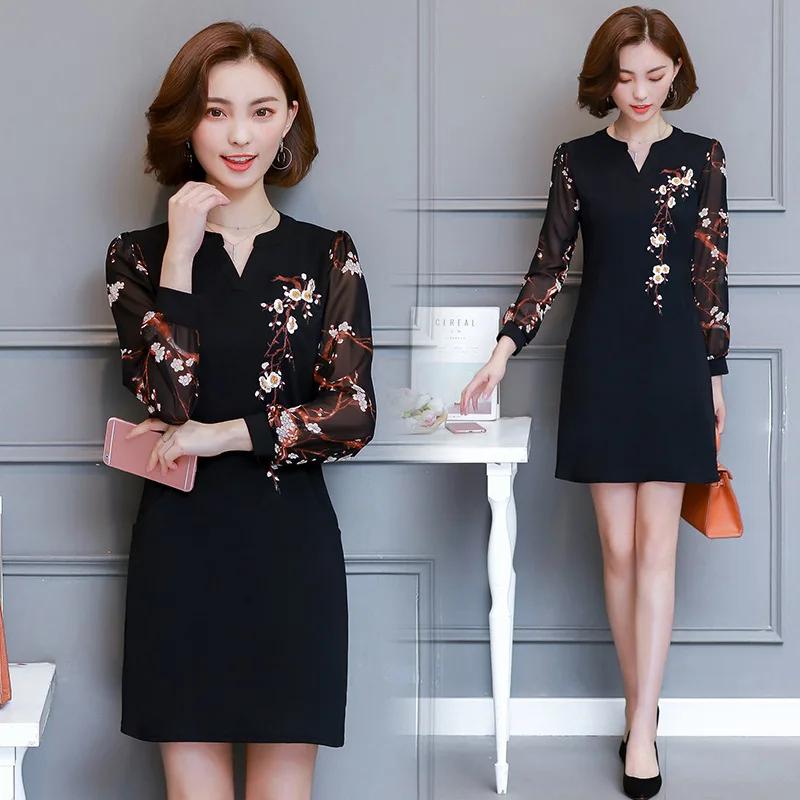 

2019 Autumn Clothing New Style Korean-style WOMEN'S Wear Loose Women's V-neck Plum Embroidered Mid-length Long-sleeved Dress