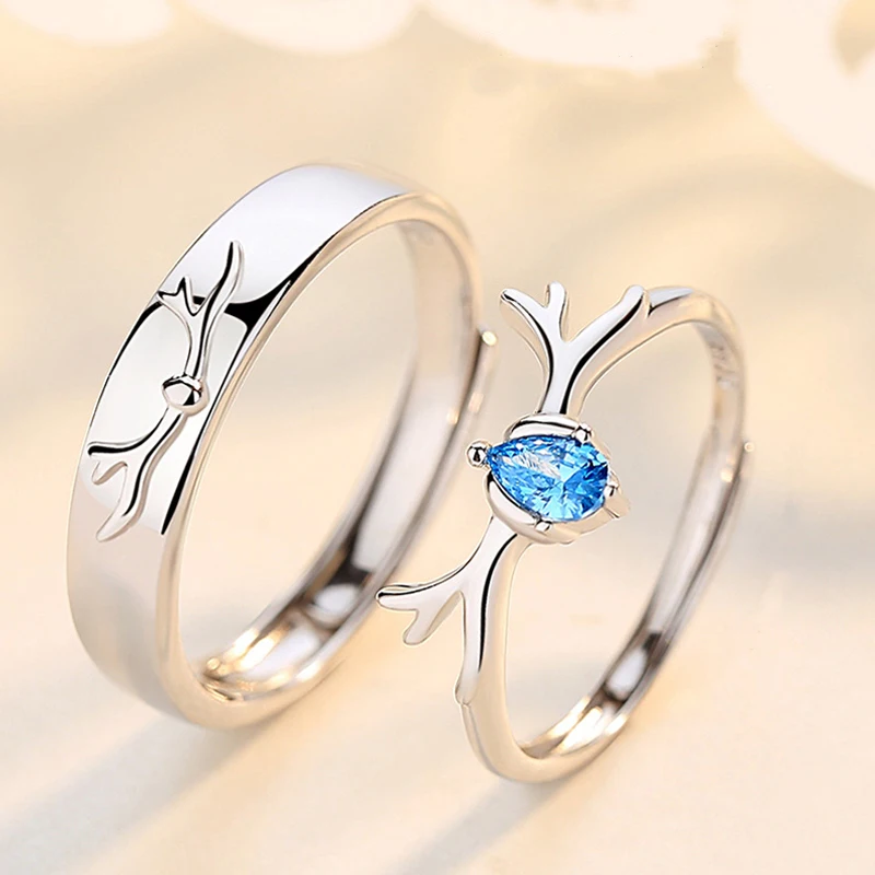 

Blue Crystal Elk Antlers Adjustable Rings Deer Horn Zircon Lovers Couples Rings For Women Men Engagement Wedding Jewelry Gifts