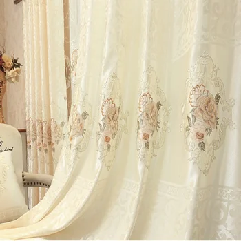 

European Style Curtains for Living Dining Room Bedroom Simple Embroidery Pink Beige Curtain Tulle Finished Product Customization