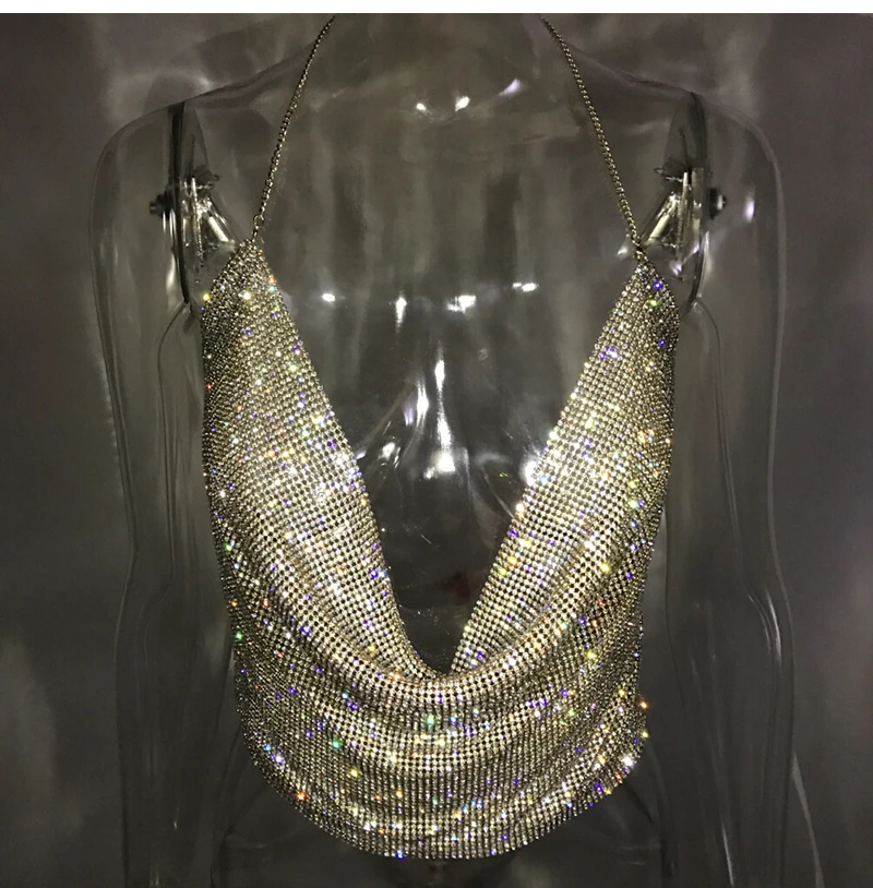 Женский сексуальный укороченный топ с открытой спиной, майка с блестками Moda Mujer, лето, v-образный вырез, цепь, вечерние, для клуба, уличная одежда, женская одежда