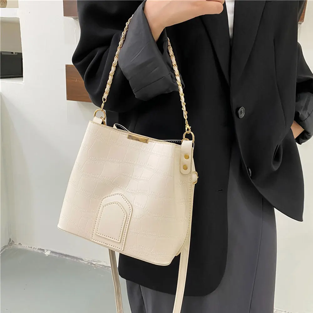 New Leather Shoulder Bags for Women Bucket Crossbody Bags Fashion Trends Female Printed Handbags Casual Ladies Simple Clutch