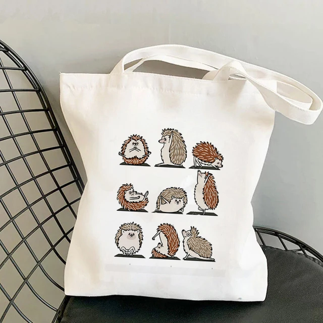 Cute Hedgehog Pattern Canvas Tote Bag, Cartoon Travel Beach