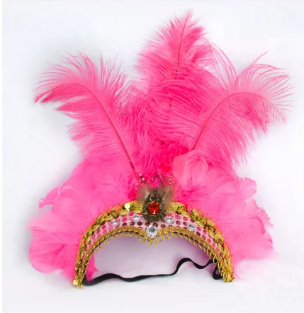 Women Halloween Indian Peacock Feather Headband Festival Headdress Showgirl Garland Headpiece Carnival Hair Accessories - Цвет: Розовый