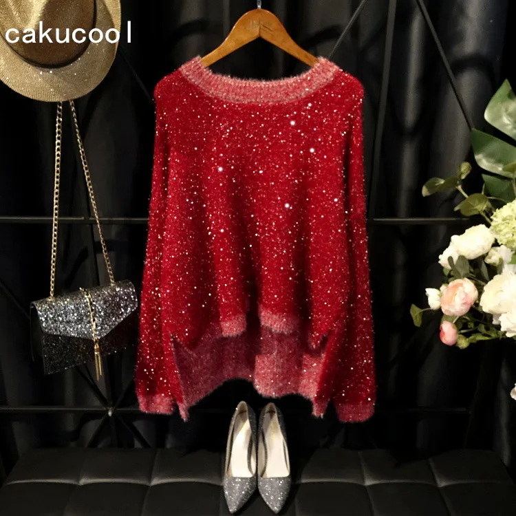 Женский Блестящий свитер Cakucool длинный Асимметричный джемпер с круглым вырезом