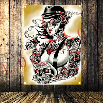 

Tattoo Rock Band Poster Banners Bar Cafe Hotel Decoration Hanging Art Waterproof Cloth Polyester Fabric Flags Theme Painting
