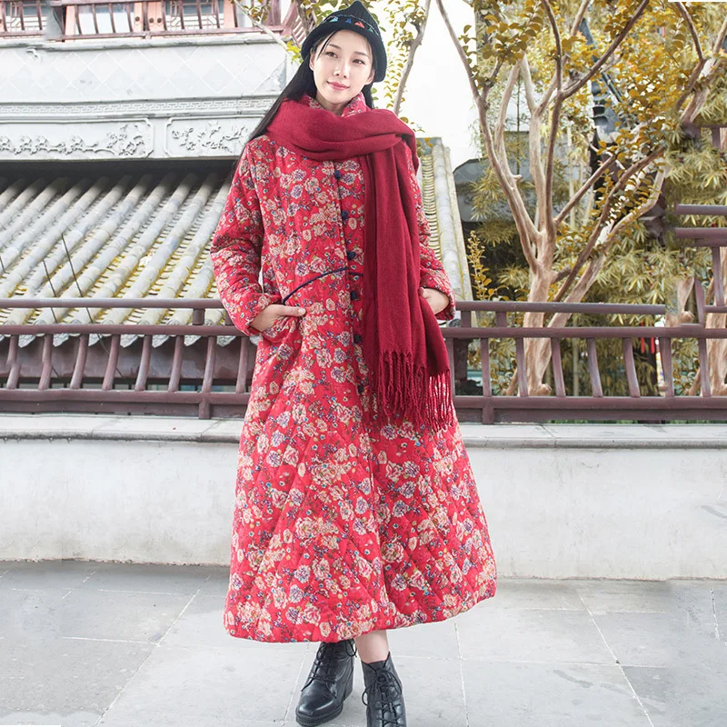 

2018 Winter Origional Design Cotton Linen WOMEN'S Dress National Wind Cotton Overcoat Long Printed Cotton Coat Cotton-padded Jac