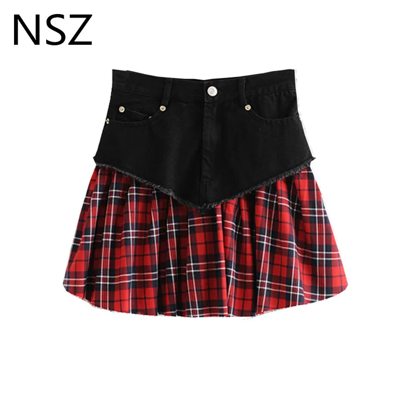 

NSZ Women Red Plaid Skirt Patchwork Black Pleated Mini Skirts Zipper Pocket Decoration Faldas Mujer