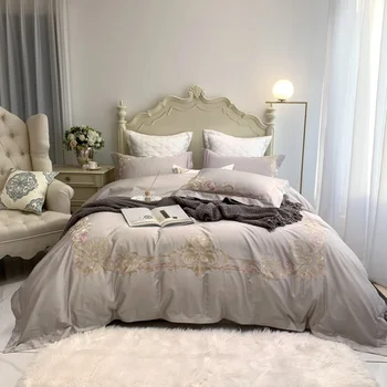 

4/6 Pieces Grey Duvet Cover Set King Size Bedding Sheets 60S Egyptian Cotton Bed Linen Double Housse de couette Sateen Nordic