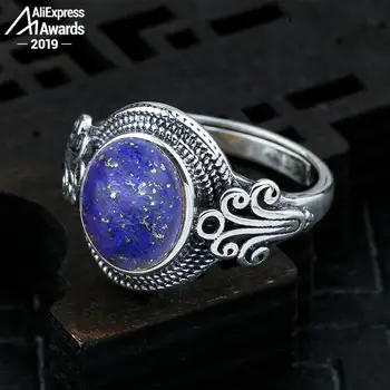 

10*8mm 6.18 Sale S925 Sterling Silver Asia Lapis Rings Exaggerated Rings Chinatown Afghanistan Retro Gemstone