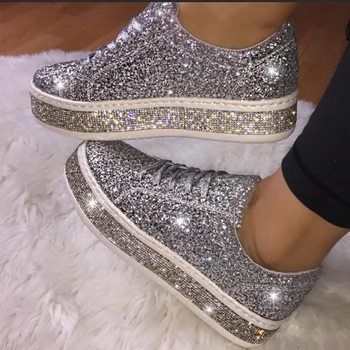 

2020 Ladies Vulcanized Sequined Cloth Woman Lace Up Bling Female Sewing Women Flat Platform Women's Spring Shoes Plus Size