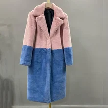 

2021 Winter New Women Long Thick Warm Faux Fur Coat Color Color Matching Turn Down Collar Female Fur Coat Casual Casaco Feminino