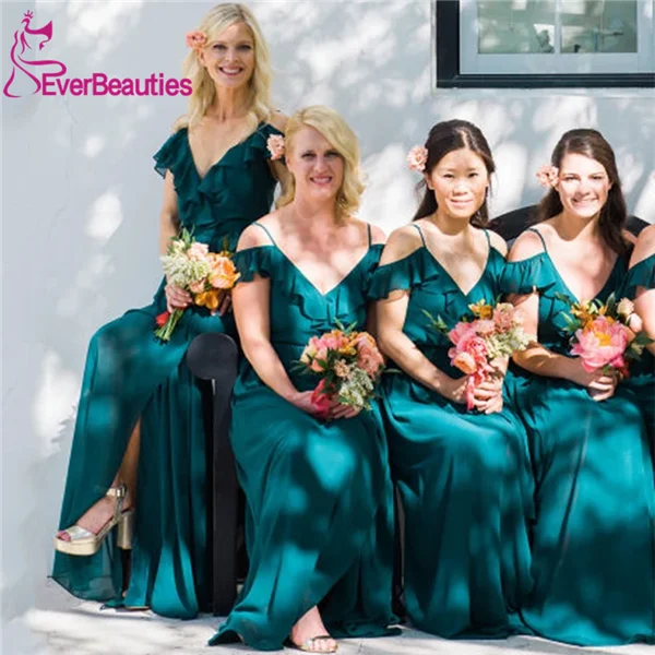 as picture Vestido Madrinha, бирюзовое шифоновое длинное платье подружки невесты,, на тонких бретелях, с открытыми плечами, свадебное платье для гостей, Vestido Madrinha - Цвет: as picture