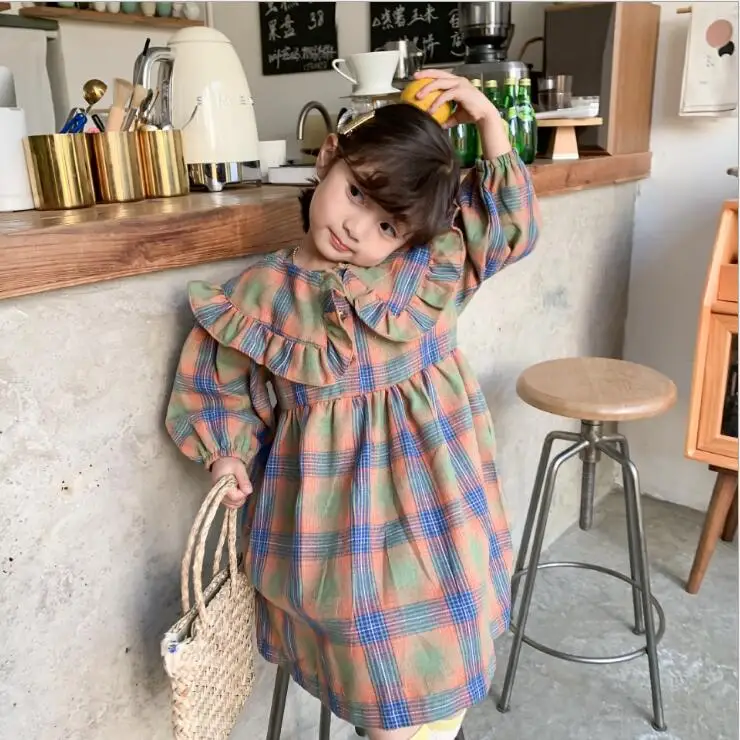 Клетчатое платье с оборками в Корейском стиле для девочек, модные весенние детские платья для девочек 2-8 лет