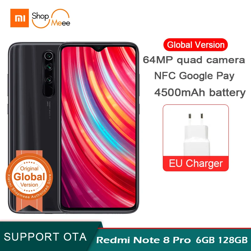 Xiaomi Redmi Note 8 Pro с глобальной версией, 6 ГБ ОЗУ, 128 Гб ПЗУ, 64 мп, четырехъядерный смартфон MTK Helio G90T, четыре ядра, 4500 мА/ч